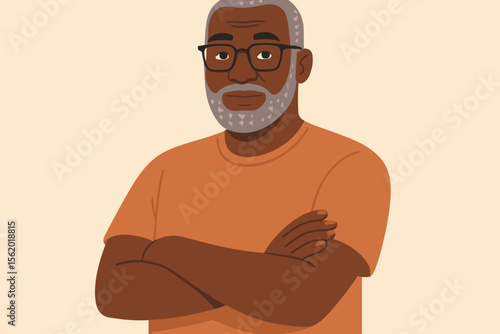 Confident mature black man with grey beard and glasses, arms crossed. Senior African American character portrait looking at camera. Modern flat vector cartoon illustration.