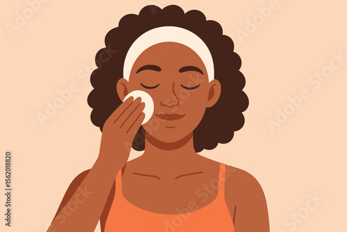 Black woman cleaning face with cotton pad. Skincare routine, beauty treatment and cosmetology concept. African girl removing makeup for healthy skin. Daily hygiene vector illustration.