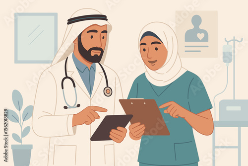 Middle Eastern doctor and nurse with hijab collaborating on patient case. Arab medical team using tablet in hospital. Healthcare, diversity, and teamwork concept. Flat vector cartoon.