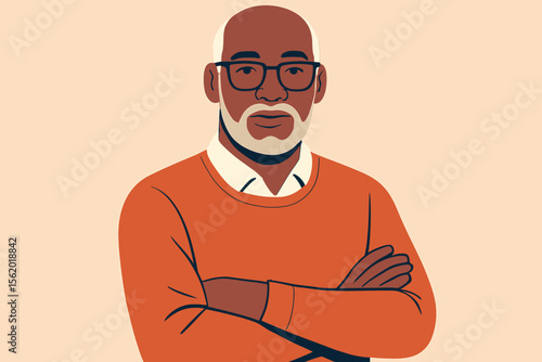 Confident mature black man with glasses and crossed arms. Portrait of a senior African American professional. Wise elderly character design. Modern flat vector illustration.