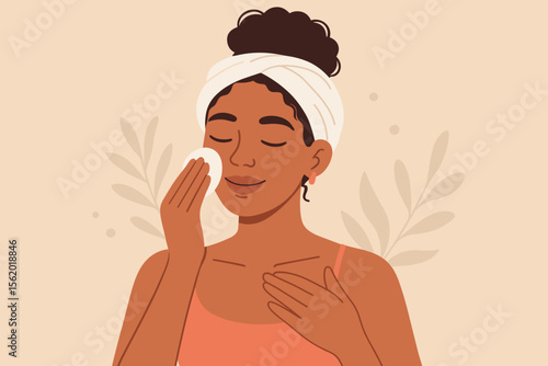 African American woman cleaning face with a cotton pad. Daily beauty skincare routine for healthy skin. Concept of self-care, wellness, cosmetology. Modern vector illustration.