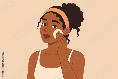 Beautiful Black woman cleaning her face with a cotton pad. Skincare routine for healthy skin. African American girl removing makeup with toner. Beauty self-care vector illustration.
