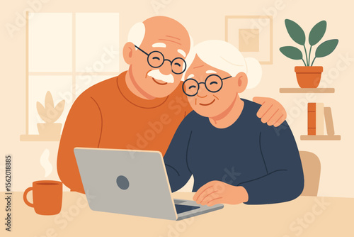 Senior couple in love using a computer together. Elderly man hugging his wife as they use a laptop at home. Happy retirement lifestyle, technology for seniors concept. Flat vector illustration.