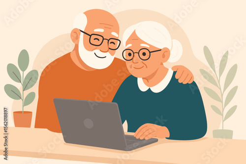 Happy senior couple using a laptop together at home. An elderly man lovingly embraces his wife while she learns to use the computer. Technology in retirement. Modern flat vector cartoon.