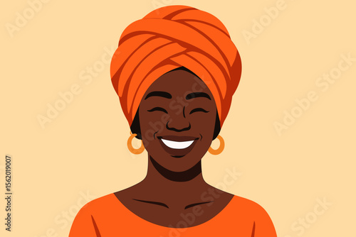 Confident African woman wearing vibrant orange headwrap and gold hoop earrings. Modern flat vector illustration. Traditional fashion, cultural pride, ethnic style, minimalist portrait design.