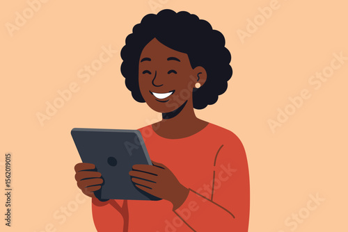 African American woman using digital tablet. Modern flat vector illustration. Female character with curly hair holding device. Technology, communication, online learning, digital lifestyle concept