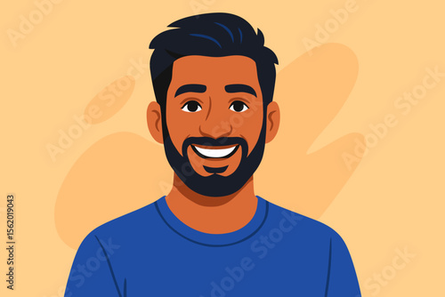 Happy Indian man smiling and looking at camera, modern flat vector cartoon illustration, cheerful male portrait with beard, positive expression, casual blue shirt design