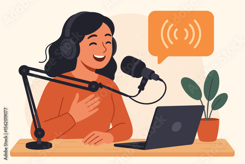 Podcast host woman recording audio broadcast at home studio. Female podcaster speaking into microphone with headphones, laptop, desk, plant. Online radio, streaming, content creation concept