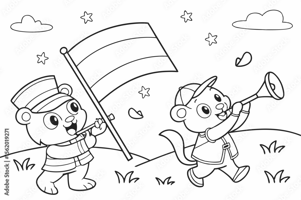 Naklejka premium coloring page for kids, line art, cute animals celebrating Indonesian Independence Day with flags and trumpets, simple design