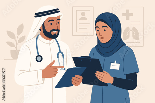 Arab doctor consulting with a Muslim nurse in a hijab. Medical team collaboration in a hospital clinic. Middle Eastern healthcare professionals discussing patient records and diagnosis.