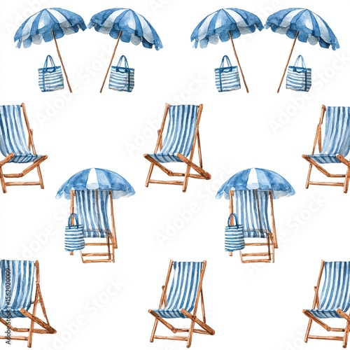 Hand drawn watercolor beach striped chairs bags and umbrellas Seamless pattern. Isolated on white background. Design wall art, wedding, print, fabric, cover, card, tourism, travel booklet.