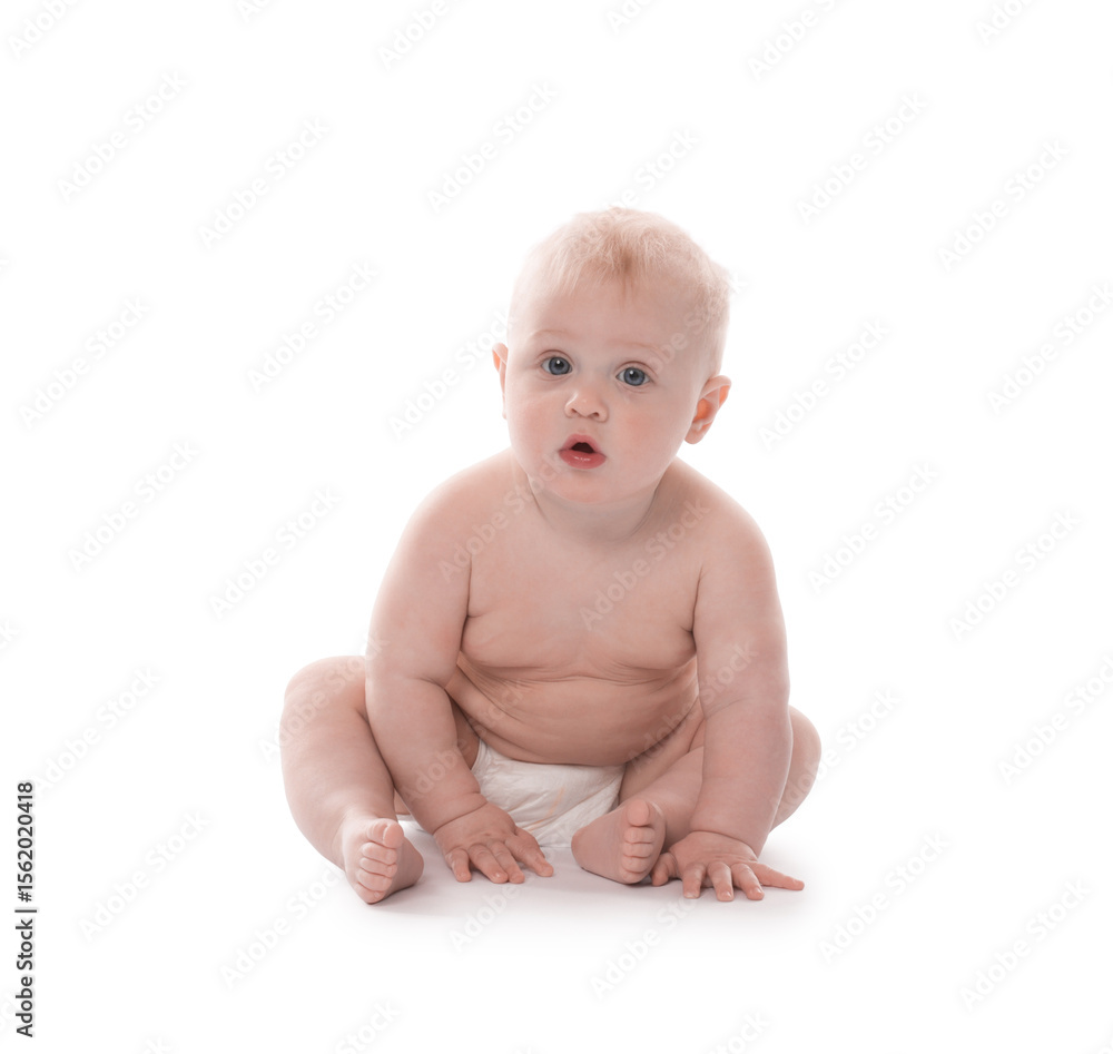 Cute little baby sitting on white background Cute little baby sitting on white background