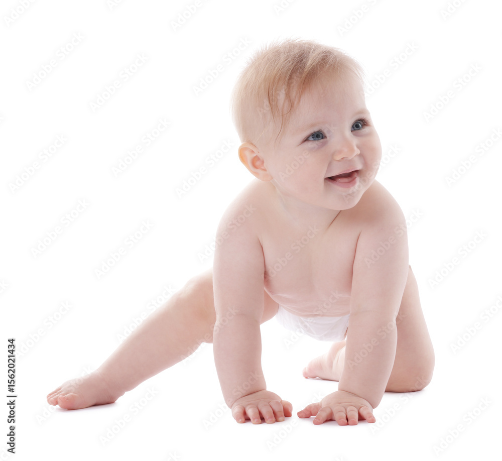 Cute little baby in diaper on white background Cute little baby in diaper on white background