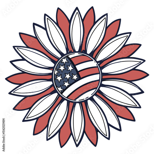 Patriotic Sunflower Design with American Flag Center
