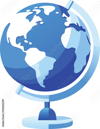 Stylized blue globe on a stand illustrating continents and oceans
