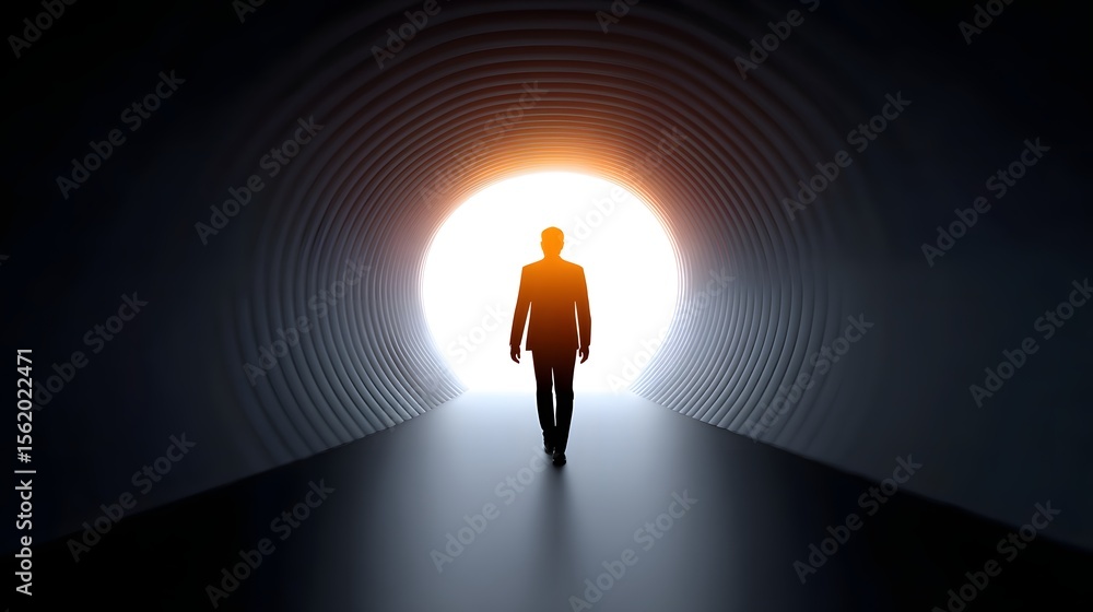 Obraz premium A silhouetted figure walking towards the light at the end of a tunnel.