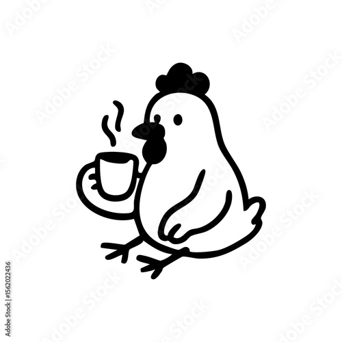 A stylized black and white chicken holding a steaming cup of coffee