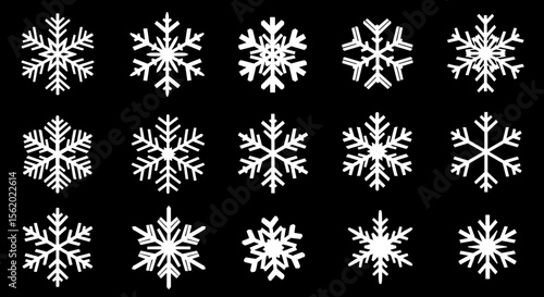 Black and white set of intricate snowflake vector icons for cold season and holiday themed graphic designs