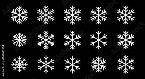 Collection of geometric snowflake vector designs in monochrome black and white, ideal for winter visuals and patterns