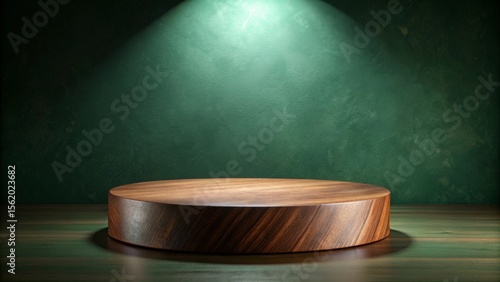 Wooden Round Display Platform Against a Dark Green Textured Background