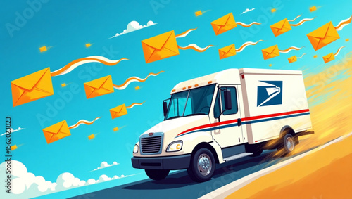 Happy national postal worker day dynamic vector illustration with a speeding mail truck and flying yellow envelopes under a bright blue sky