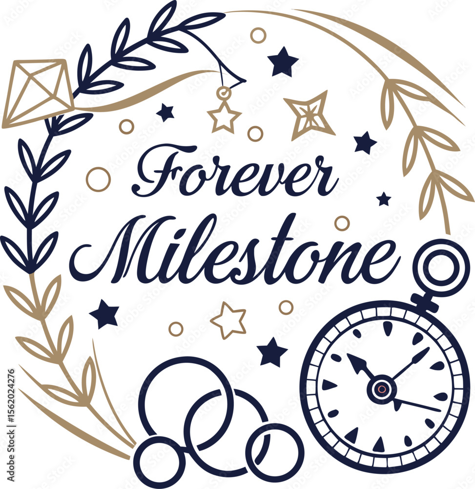 Obraz premium Sophisticated Forever Milestone Label Design Featuring Elegant Motifs with Clock, Rings, and Stars for Celebrating Timeless Moments and Special Occasions
