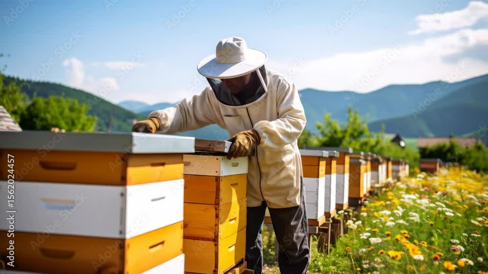 Beekeeper in Protective Suit Inspecting Beehives at Apiary with Field of Flowers and Green Hills on Sunny Day in Summer Beekeeper in Protective Suit Inspecting Beehives at Apiary with Field of Flowers and Green Hills on Sunny Day in Summer