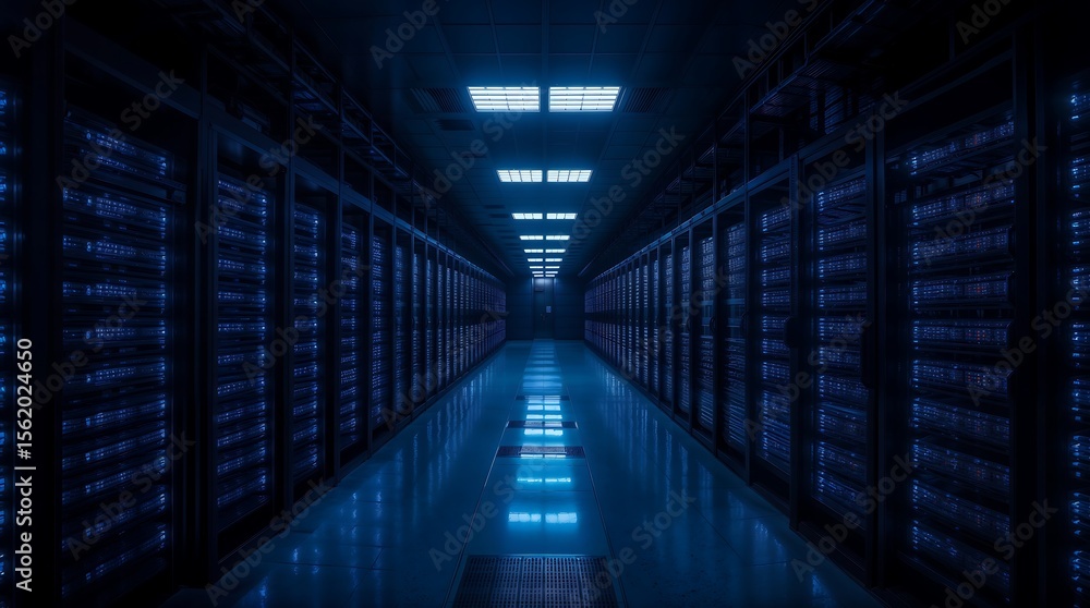 Fototapeta premium Futuristic Data Center with Glowing Blue Server Racks – Symmetrical High-Tech Interior in Cinematic Darkness