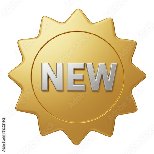 Gold starburst badge with the word new in silver isolated on transparent background