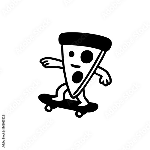 A pizza slice character is skateboarding