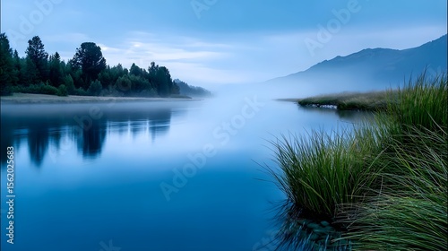 Tranquil mountain lake with misty reflection