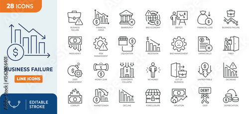 Business failure line editable icon set. Containing bankruptcy, financial crisis, money leak, debt, no money, recession, unpaid bills, and more. Editable stroke. Vector illustration