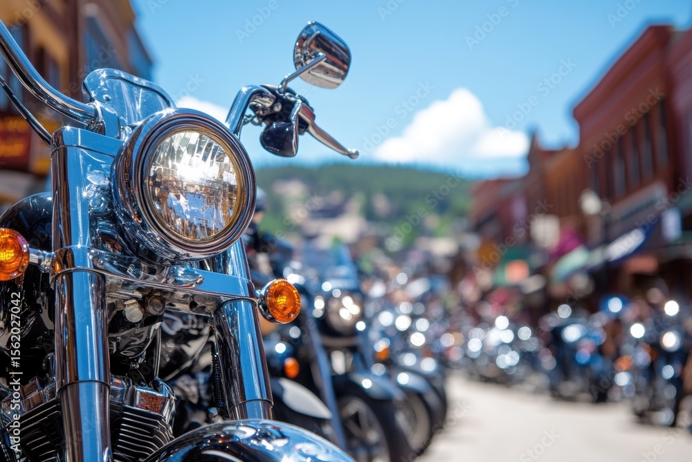 Fototapeta premium A group of motorcycles parked on a street in front of a building
