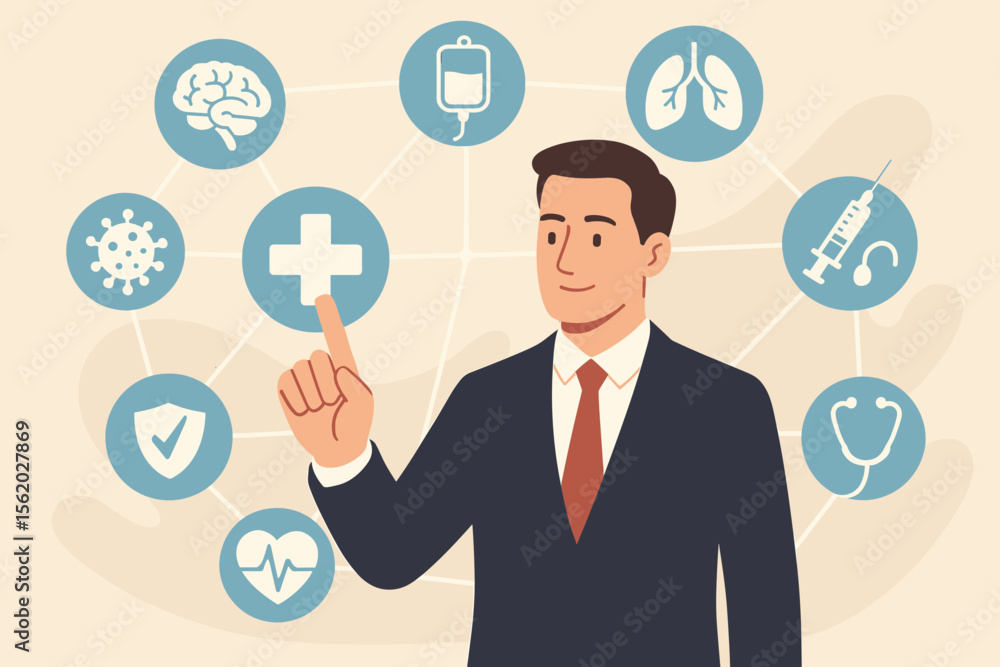 Businessman managing healthcare on a virtual screen with medical network icons. Digital health, telehealth, insurance, and medical technology concept. Online medicine flat vector. Businessman managing healthcare on a virtual screen with medical network icons. Digital health, telehealth, insurance, and medical technology concept. Online medicine flat vector.