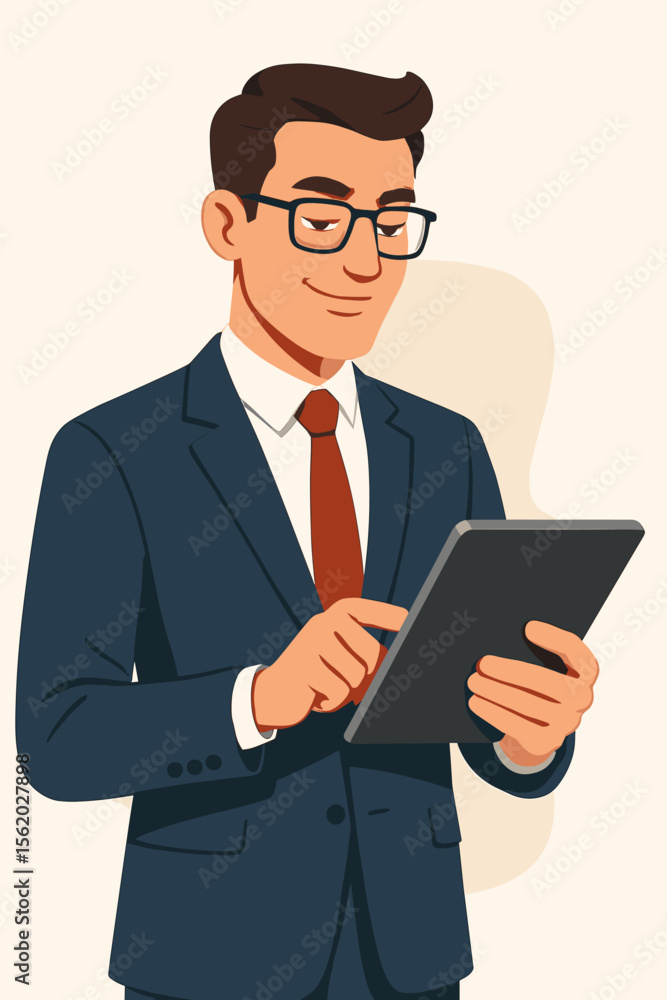 Confident businessman in a suit working on a digital tablet. Smiling professional manager or entrepreneur using a modern device for business. Corporate character vector illustration. Confident businessman in a suit working on a digital tablet. Smiling professional manager or entrepreneur using a modern device for business. Corporate character vector illustration.