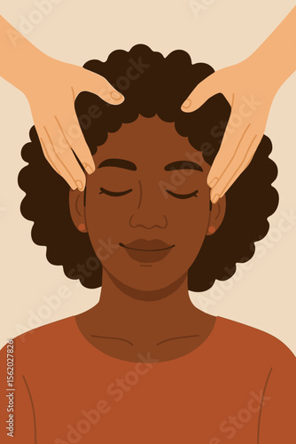 African American woman enjoying a relaxing head massage for stress relief. Concept of spa, wellness, and self-care. Serene female character in therapy. Mental health and mindfulness.