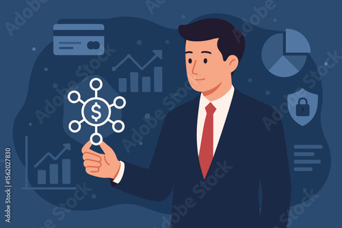 Businessman with financial network icon. Fintech concept for online banking, investment, secure payments, and data analysis. Financial technology innovation and business growth.