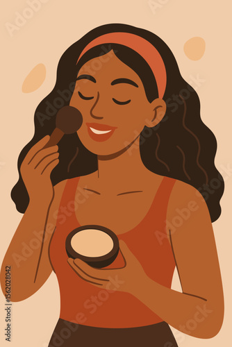 Happy beautiful woman applying face powder with makeup brush. Beauty routine concept. Young Hispanic girl doing makeup. Self care, skincare. Modern flat cartoon vector illustration.