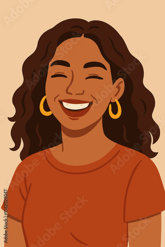 Happy beautiful Latin woman smiling with genuine joy. Modern flat vector cartoon illustration of a young Hispanic or Black girl. Portrait for self-love, diversity, mental health.