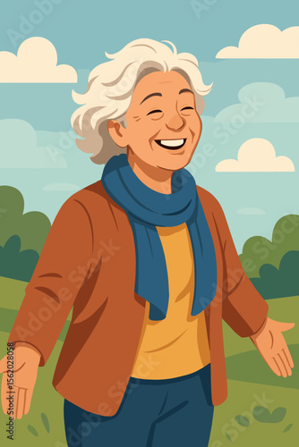 Happy mature senior woman enjoying life outdoors in nature. Joyful elderly grandmother smiling in a park. Concept of active retirement, wellbeing, and freedom. Flat vector illustration.