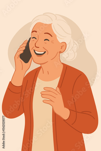 Happy senior woman talking on mobile phone. Smiling elderly grandmother having a pleasant conversation on a smartphone. Modern flat vector cartoon illustration of senior lifestyle.