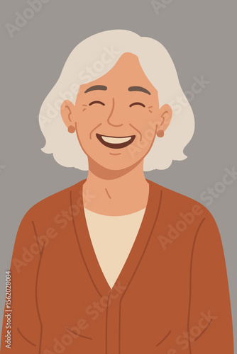 Happy mature woman smiling portrait. Cheerful elderly senior lady with grey hair. Positive grandmother character. Concept of active retirement, joy and well-being. Flat vector illustration.