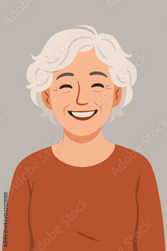 Portrait of a happy mature woman smiling. Cheerful elderly senior lady with white hair. Concept of graceful aging, retirement, good health, and positive emotions. Vector illustration.