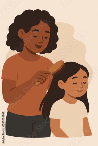 Loving Black mother brushing her multiethnic daughter's hair. Gentle parenting moment of hair care and bonding. Happy diverse family daily routine. Modern vector cartoon illustration.