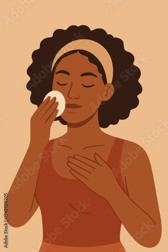 African American woman cleaning face with cotton pad. Skincare routine, self-care concept. Black girl removing makeup, applying toner. Beauty, hygiene, dermatology flat vector illustration.