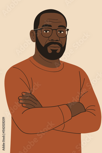 Confident mature Black man with crossed arms looking at the camera. Portrait of an African American professional or teacher. Modern flat vector character for business and diversity.