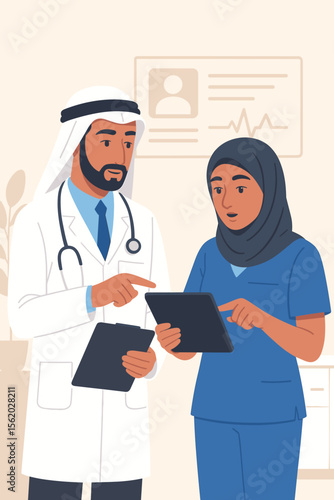 Middle Eastern doctor and nurse collaborating on patient case discussion, healthcare teamwork, medical consultation, hospital staff, modern flat vector cartoon illustration