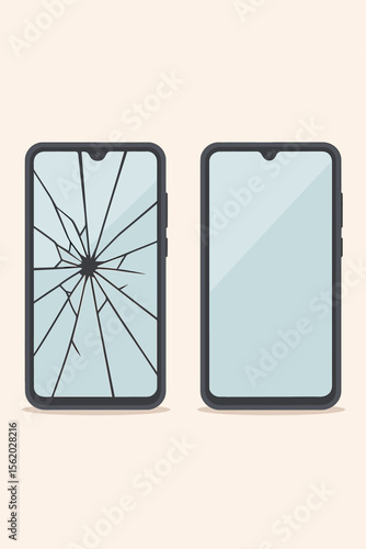 Smartphone repair concept. Before and after comparison of phone with broken, cracked screen and fixed, new display. Damaged gadget restoration. Mobile service vector illustration.