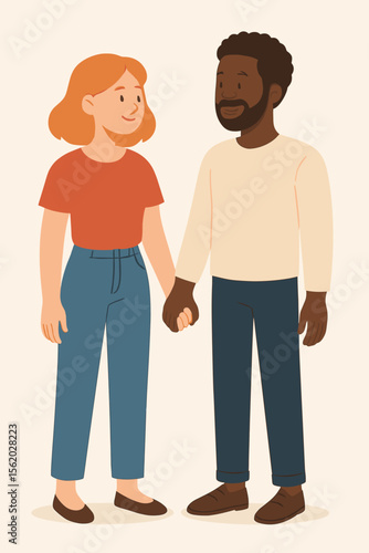 Multiethnic diverse couple in love holding hands, happy international relationship. Romantic dating, interracial partners together. Flat cartoon vector art illustration.