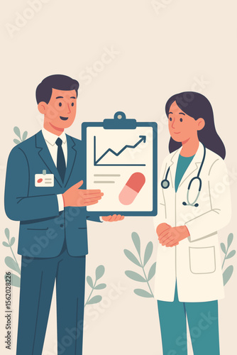 Pharmaceutical representative showing new medicine results to a doctor. Medical sales rep presents drug effectiveness on a clipboard with a growth chart. Healthcare business concept.